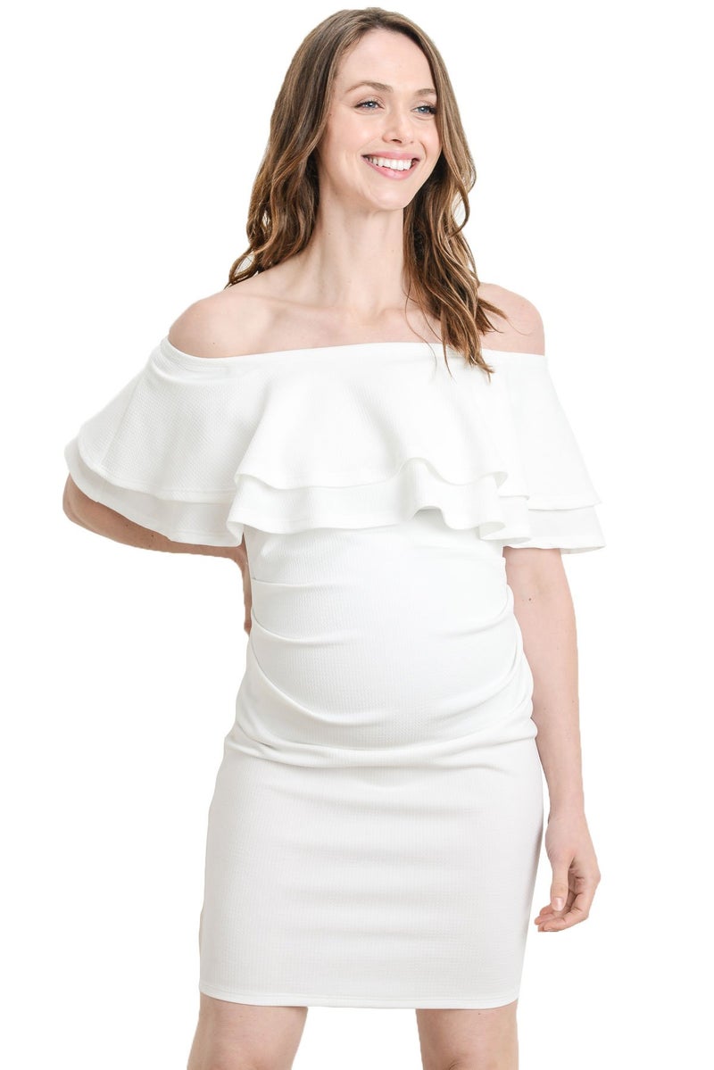 LaClef Women's Off Shoulder Maternity Dress with Double Ruffle, Off White, Large - Image 1